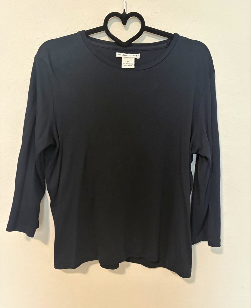Jillian Jones Women’s Black 100% Pima Cotton Knit Round Neck 3/4 Sleeve Top XL